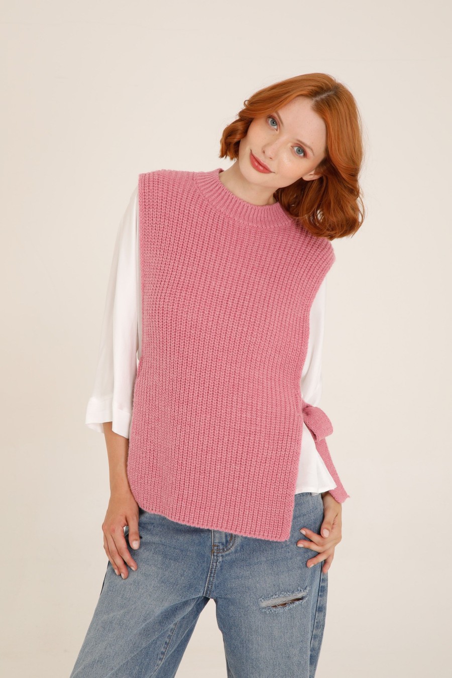 Donna Futur3 | Gilet Pettorina In Maglia Con Fiocchi Laterali Pink