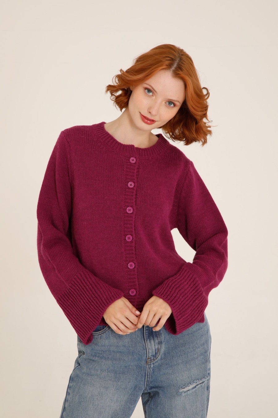 Donna Futur3 | Cardigan Girocollo Con Spacchi Polsi Magenta