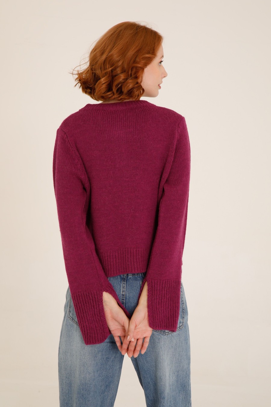 Donna Futur3 | Cardigan Girocollo Con Spacchi Polsi Magenta