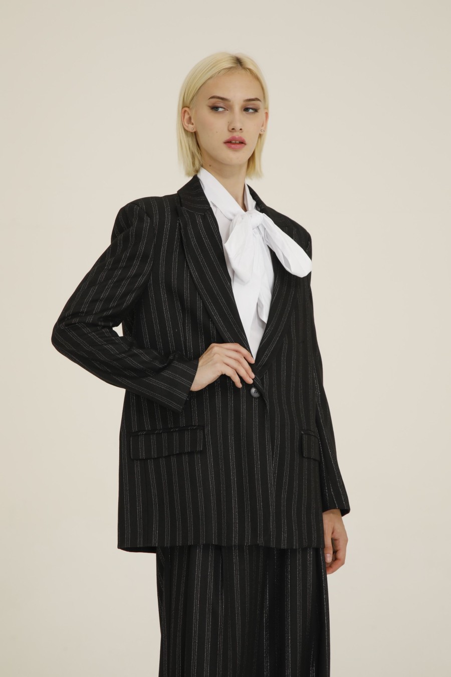 Donna Futur3 | Blazer Oversize In Lurex Gessato Nero/Argento