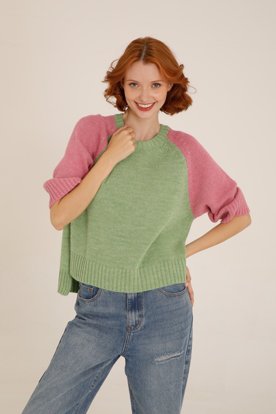 Donna Futur3 | Maglia Con Spacchi E Maniche Raglan Verde/Rosa