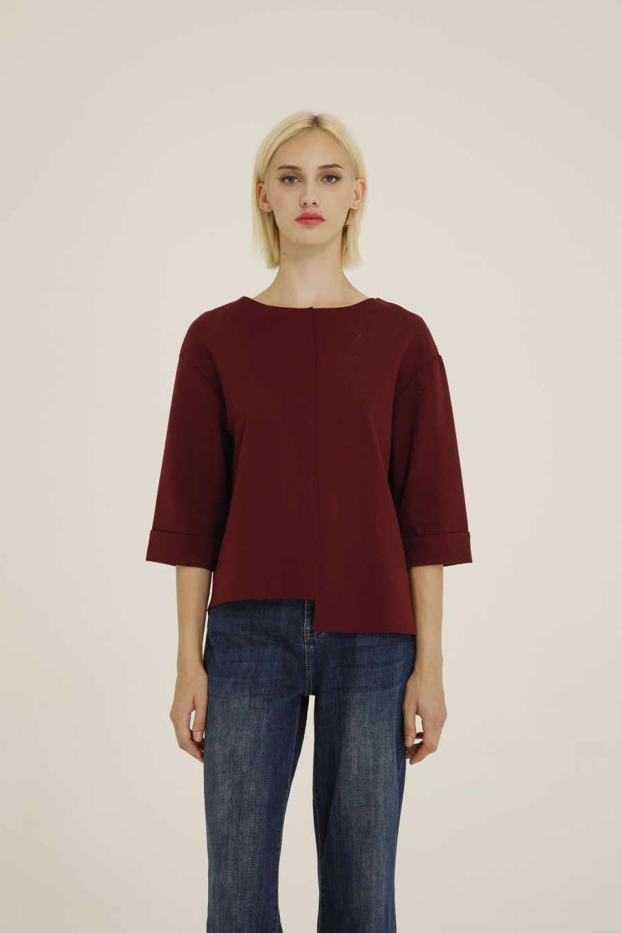 Donna Futur3 | Maglia Asimmetrica A Cappa In Tessuto Punto Milano Bordeaux