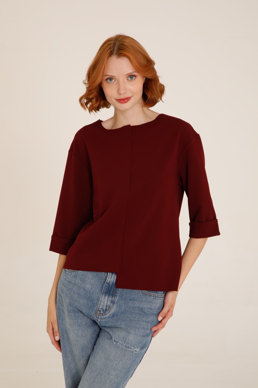 Donna Futur3 | Maglia Asimmetrica A Cappa In Tessuto Scuba Crepe Bordeaux