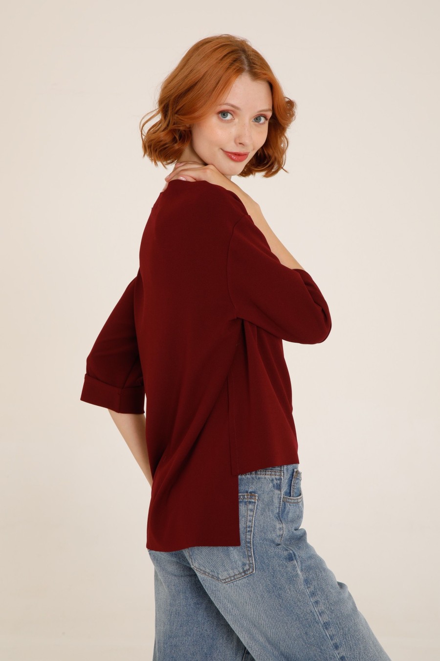 Donna Futur3 | Maglia Asimmetrica A Cappa In Tessuto Scuba Crepe Bordeaux