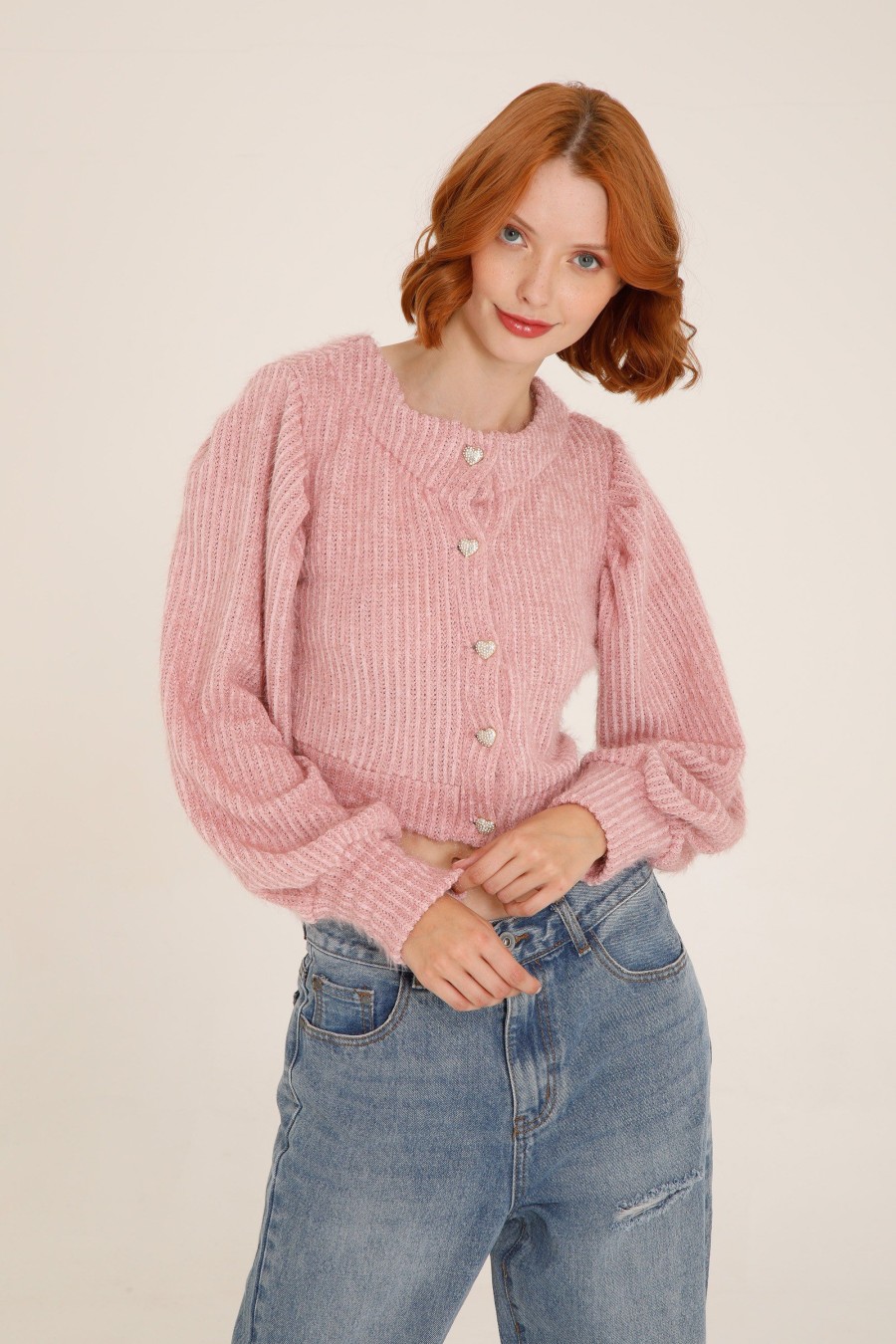 Donna Futur3 | Cardigan Cropped Con Bottoni A Cuore Cipria