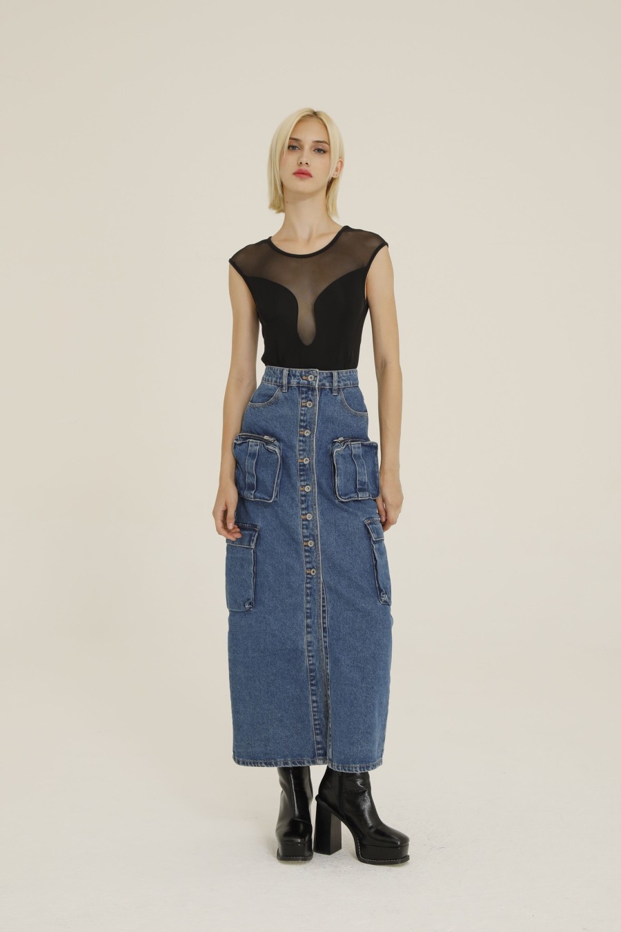 Donna Futur3 | Gonna Longuette Cargo In Jeans Denim