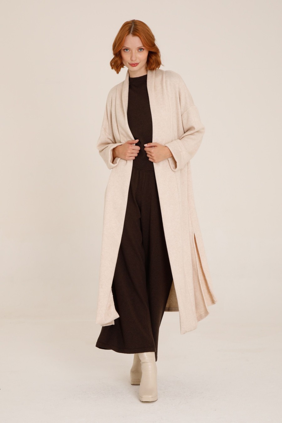 Donna Futur3 | Cardigan Lungo Con Spacchi Laterali Beige