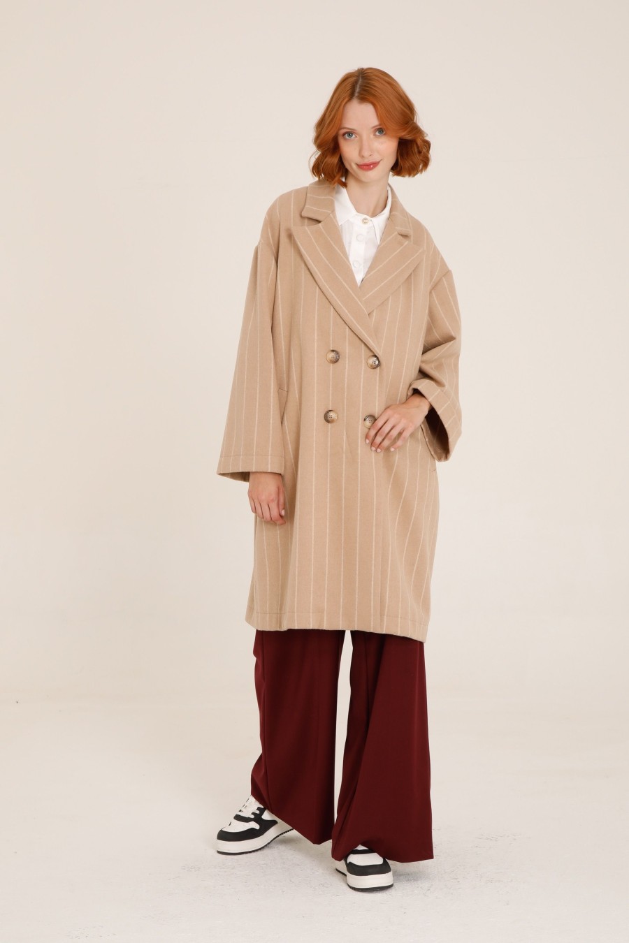 Donna Futur3 | Cappotto Gessato Ad Ovetto Oversize Cammello/Burro