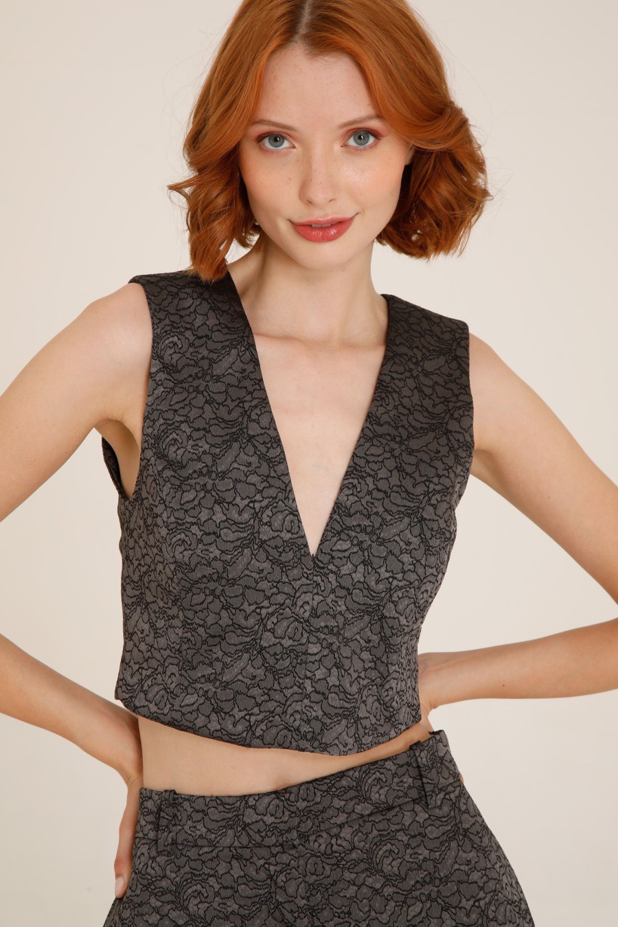 Donna Futur3 | Crop Top Jacquard A Spalla Larga Con Scollo A V Grigio/Nero